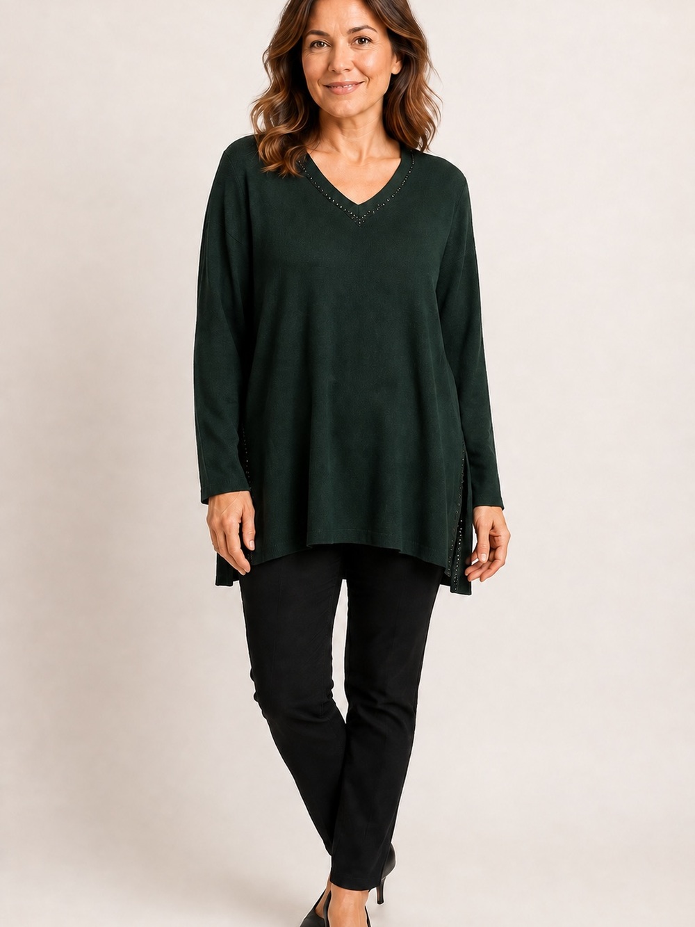 Jones New York Dark Green V-Neck Stud-Trim Tunic Sweater